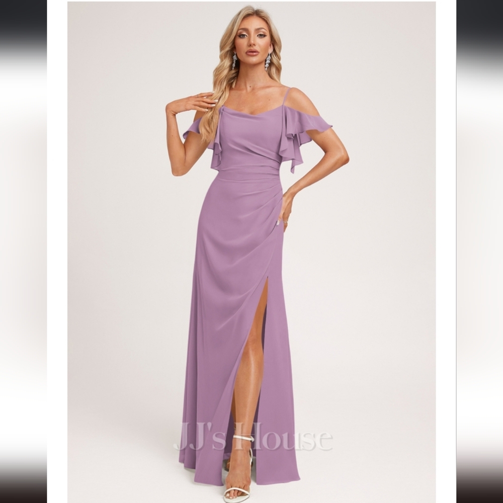 A-line Cold Shoulder Floor-Length Chiffon Bridesmaid Dress With Ruffle #298066